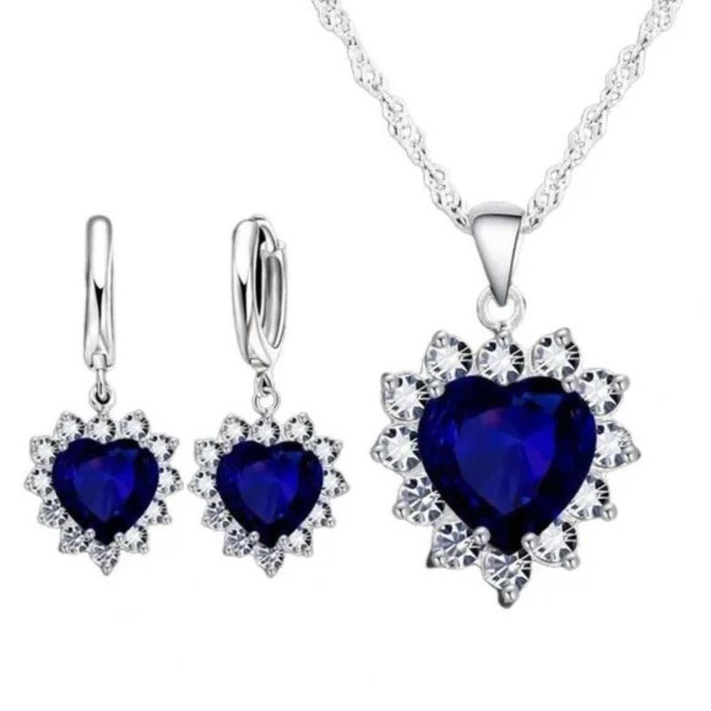 Vintage 4Pc Set Sapphire Hearts Pendant And Earrings w 18" Chain Sterling Silver
